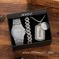 Stylish Men's Fashion Jewelry Watch Set 3 PCS Quartz Watches with Rhinestone Bracelet Necklace Punk Silver Wristwatch Set + Box